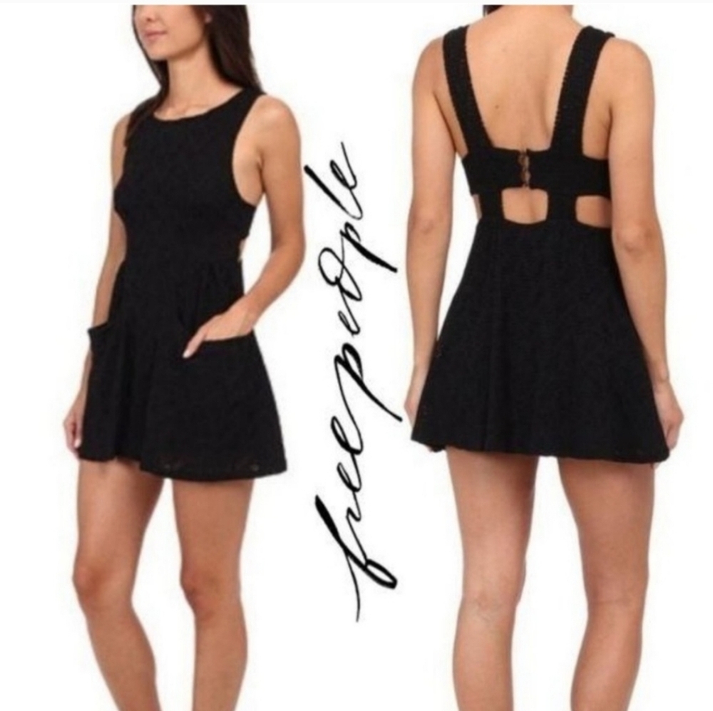 Free People Lace Poppy Cut Out Little Black Dress with Pockets (Size Large)